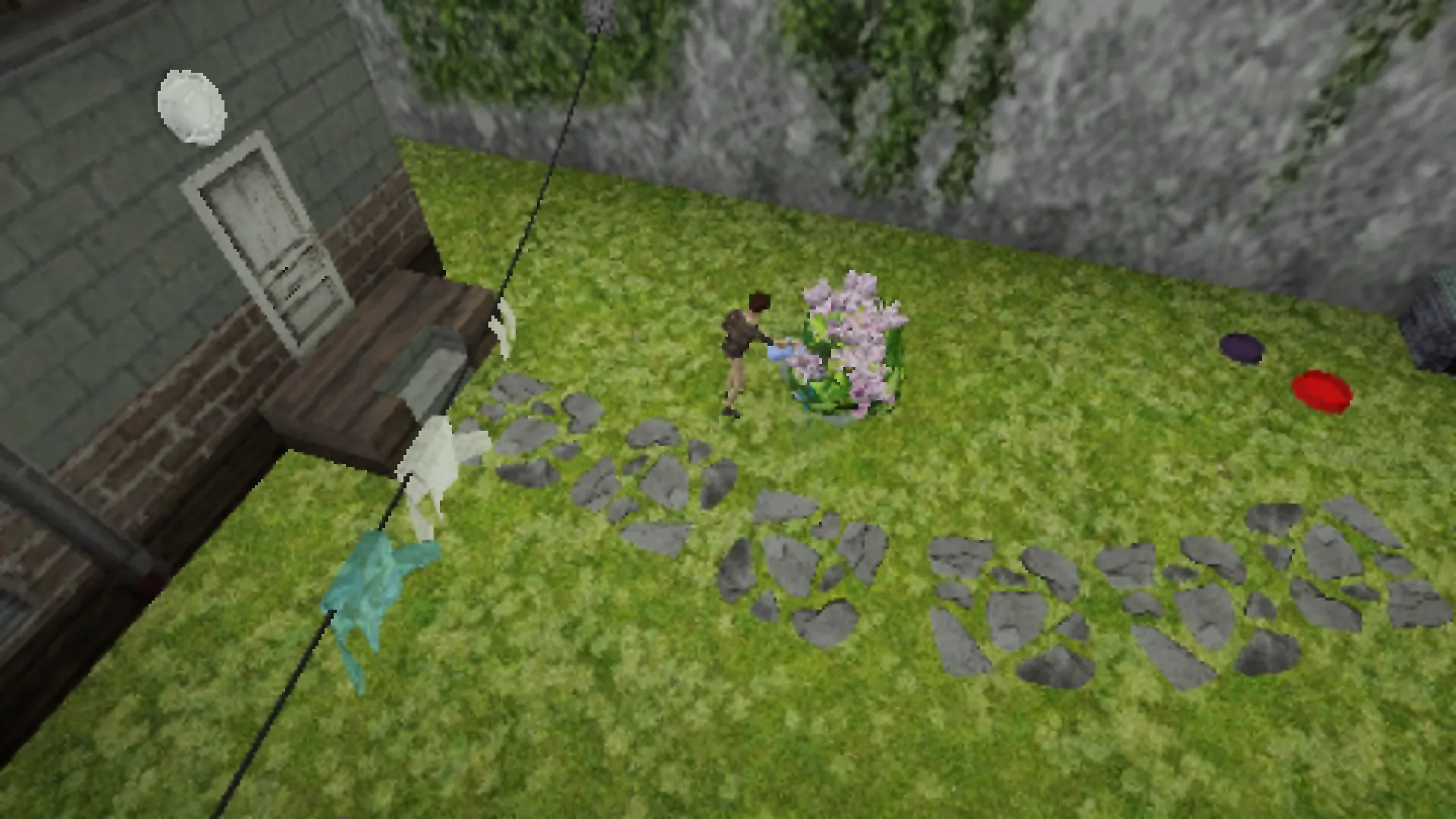 The man walks the stone path through the garden, next to a lavender bush and a clothesline