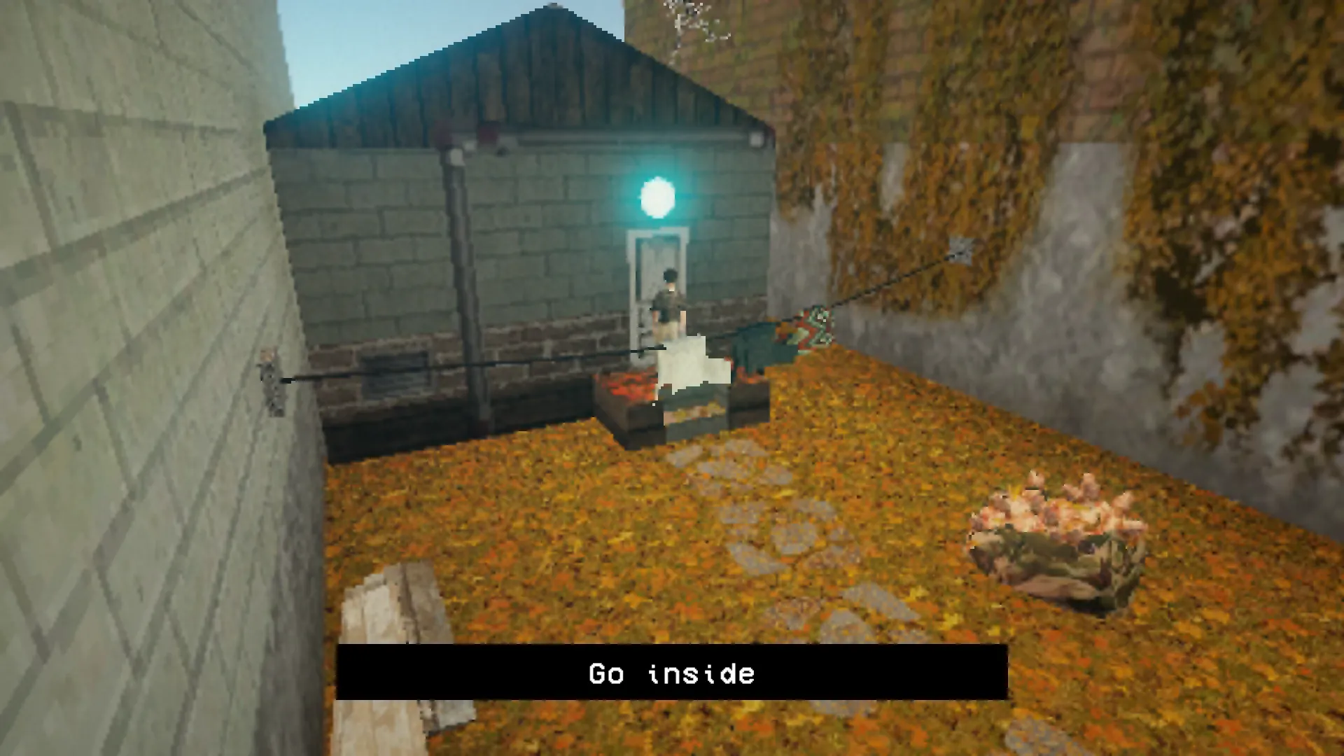 At the end of the autumn garden, a shed's lit doorway with the prompt “Go inside”