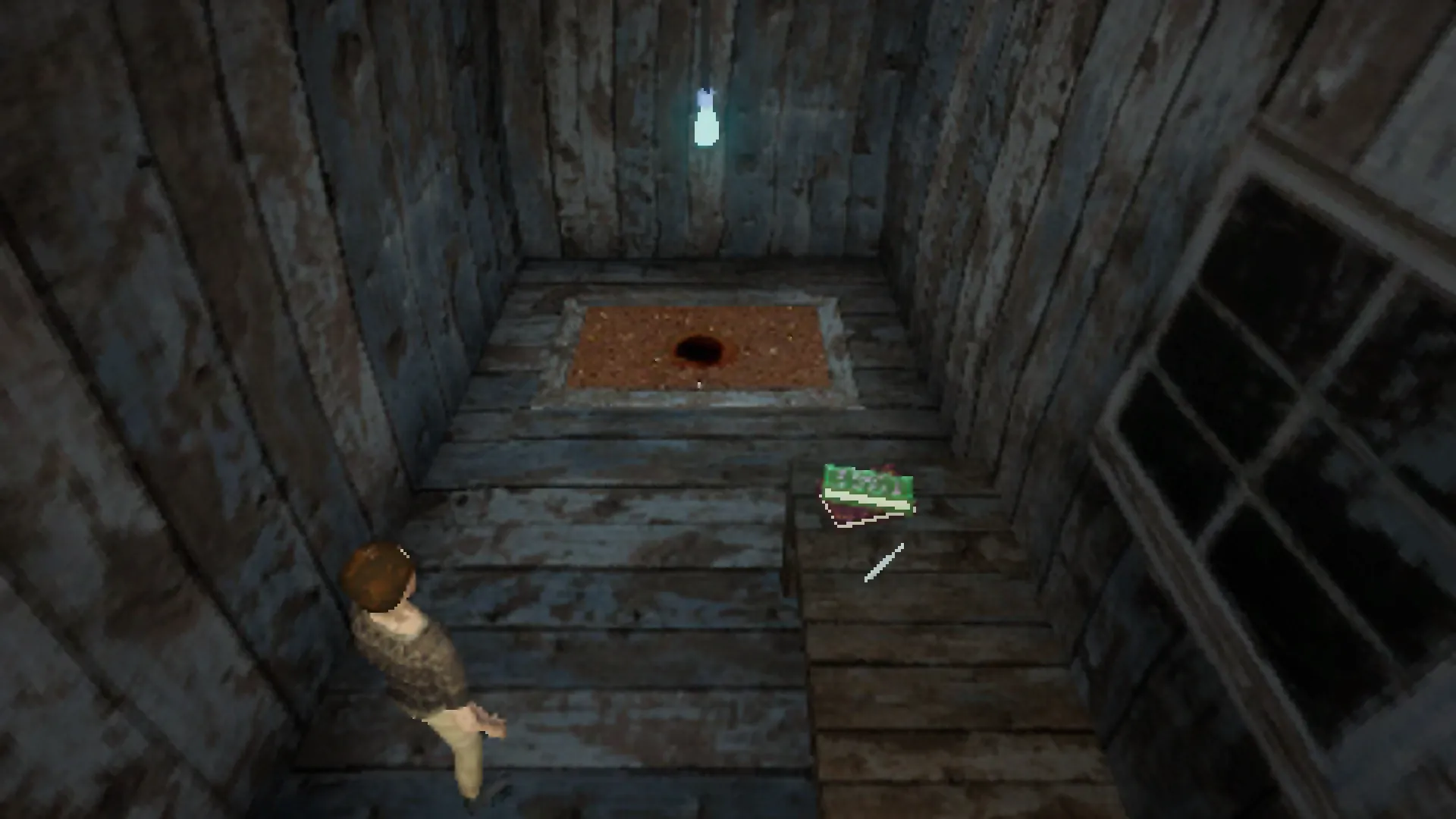Inside the dark wooden shed: a square patch of soil in the floor and a book on a shelf