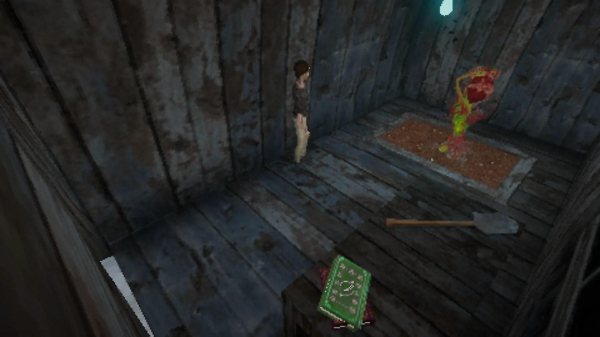 Inside the shed, a red plant sprouts from the patch of soil while the man waits by the wall