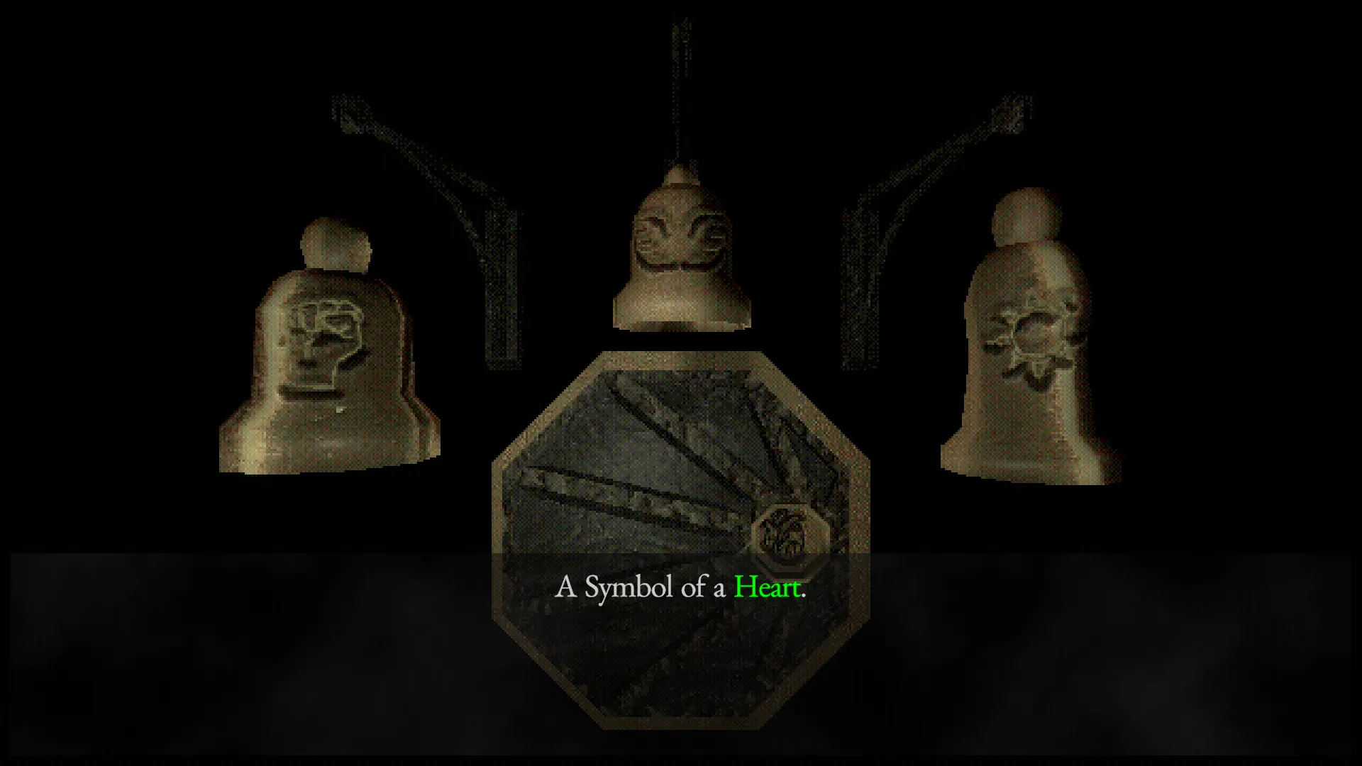 Three brass bells with carved symbols above an octagonal dial, captioned “A Symbol of a Heart.”