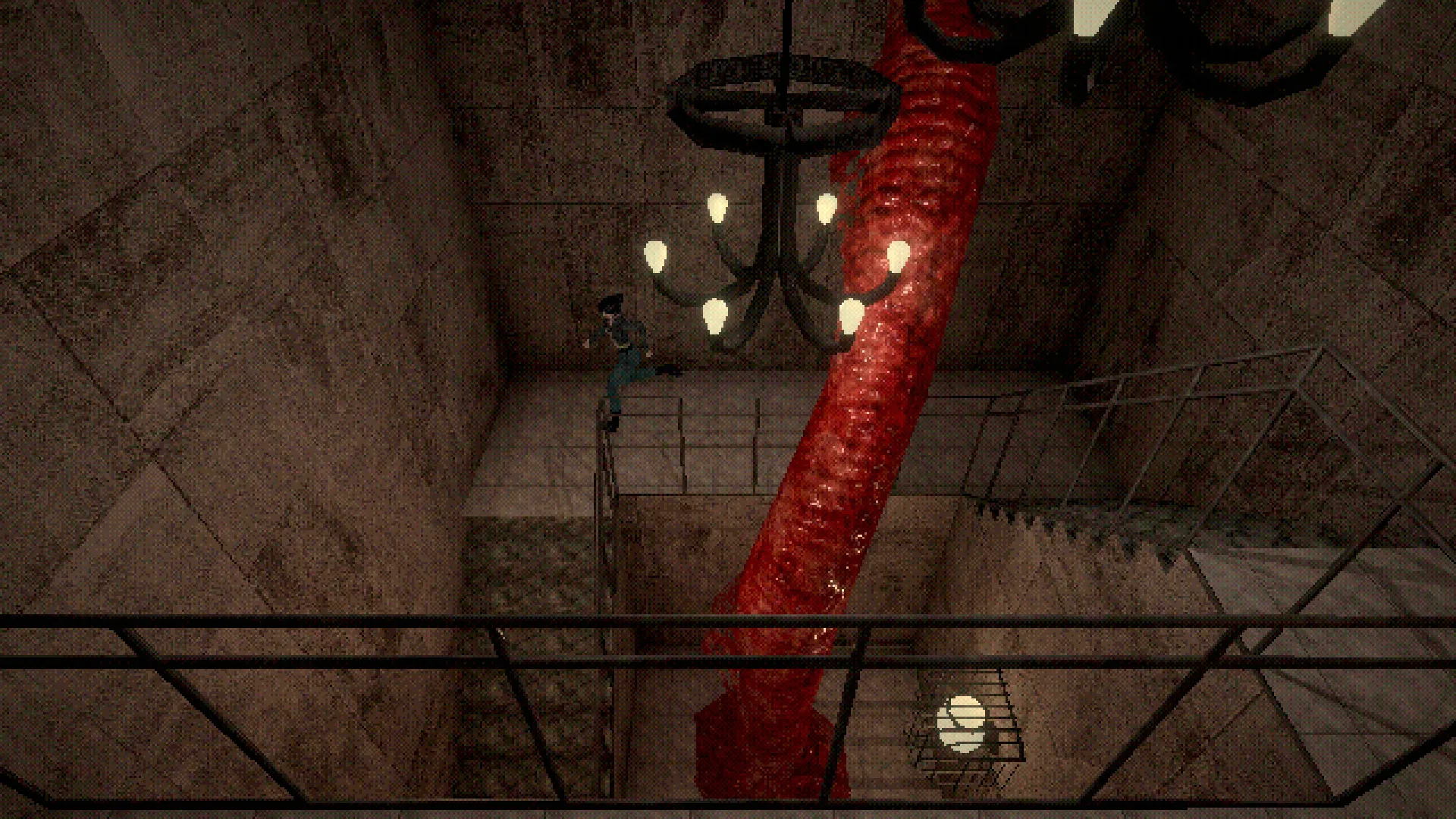 Iris runs along a stairwell landing past a column of red flesh, seen from a high fixed camera